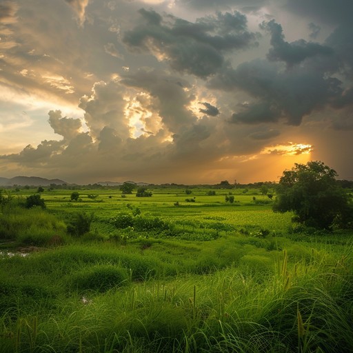 A grand and uplifting instrumental song showcasing the victorious spirit of the monsoon season using the traditional hindustani sitar. The melody takes the listener on a journey through the rhythmic pitter patter of raindrops, invoking a sense of triumph and resurgence as the rain revitalizes the earth. The song crescendos with a powerful and celebratory climax, mirroring the victorious return of life and greenery.