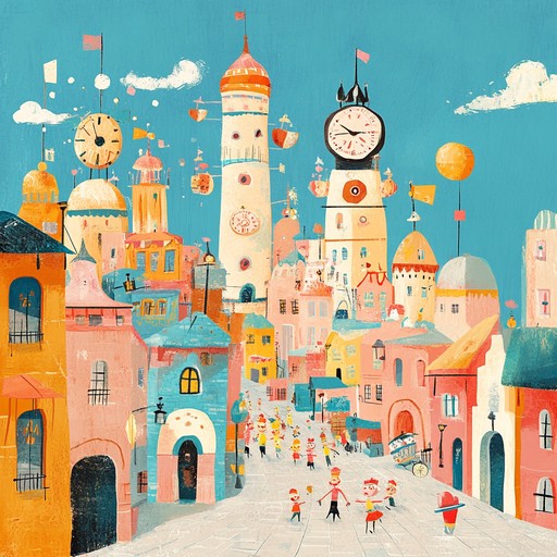 An instrumental piece that evokes the image of a lively parade of clockwork toys and dancers moving whimsically through a vibrant, fantastical town with playful melodies and light hearted rhythms.