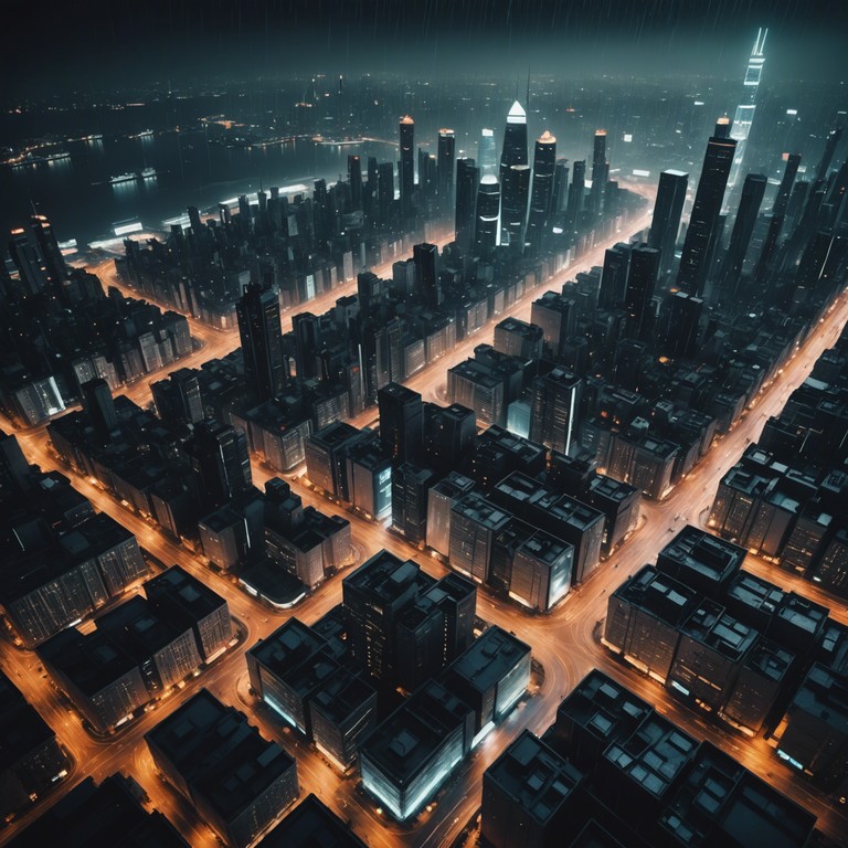 Imagine standing on a skyscraper overlooking a vast, neon lit city under a gentle, artificial rain. The track pulses with soothing synth layers balanced by deep, resonant bass, creating a meditative yet gently energizing atmosphere rendered by an expansive electronic soundscape.