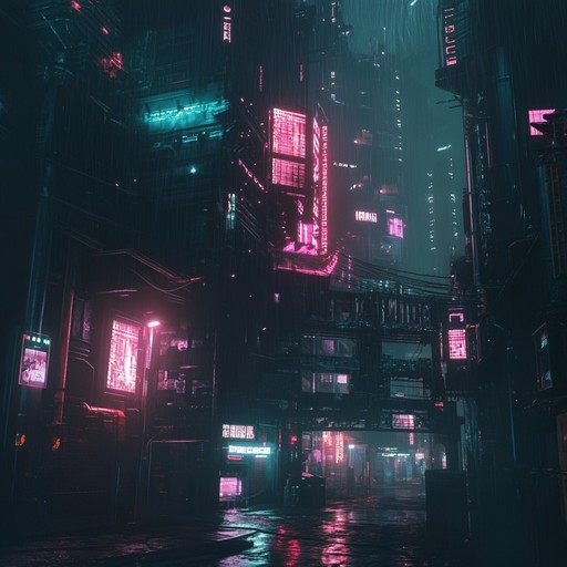 Immerse yourself in a sinister urban nightscape with dark synth melodies and pulsating beats creating an atmosphere of dread and intrigue.