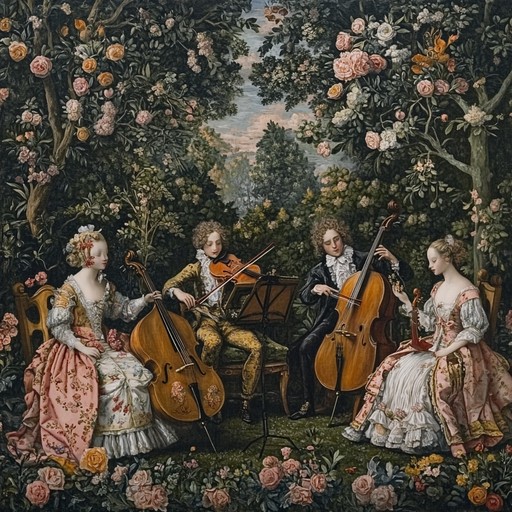 This joyful instrumental weaves harpsichord and flute in a lively dance, evoking the beauty of a whimsical garden in the baroque period.