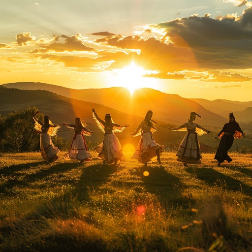 Capturing the essence of vibrant dances and community spirit in a traditional hillside setting, this composition uses the cheerful tones of a flute accompanied by other folk instruments to create a dynamic, uplifting soundscape that inspires and entertains.