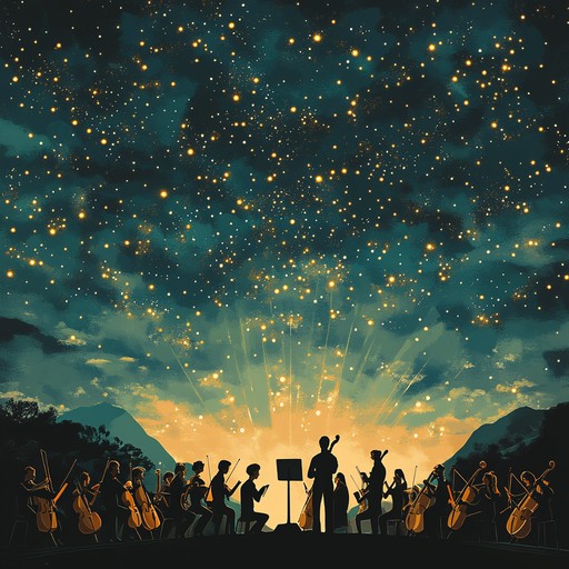 An evocative symphony weaving lush strings and heartfelt piano melodies, creating nostalgia and deep emotional resonance. Brass instruments add richness to the serene ambiance reminiscent of starry night skies.