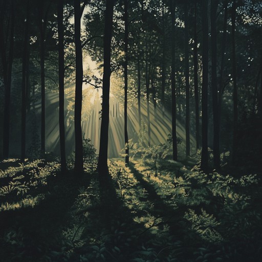 A captivating journey through a twilight forest, where cheerful rays of sunlight dance with shadows whispering secrets of forgotten realms, creating a unique blend of light and dark ambient tones.