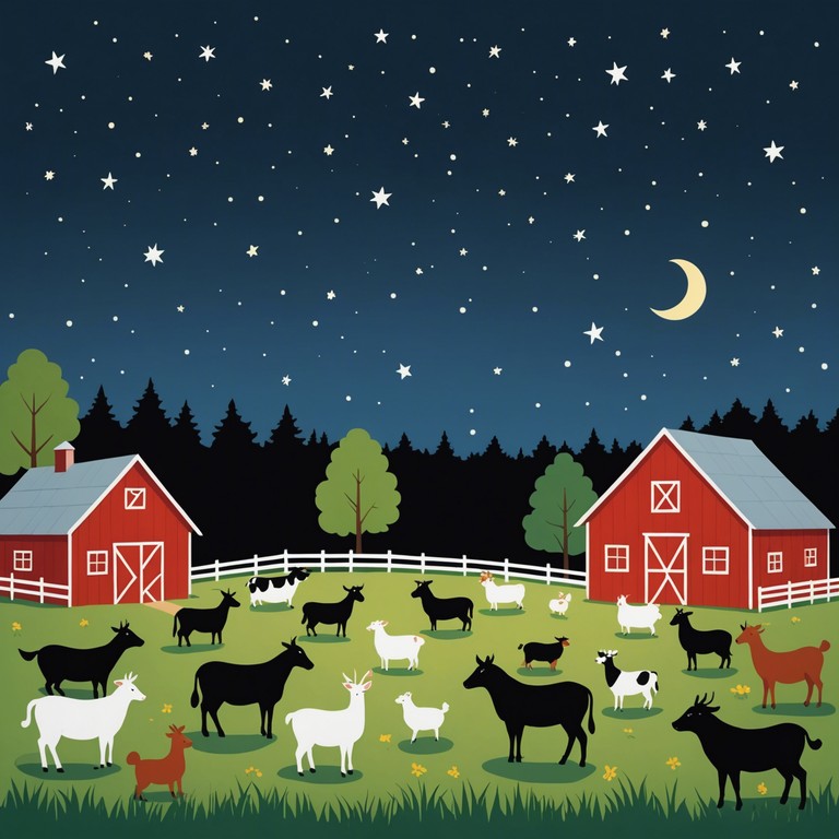 An endearing banjo melody that captures the heartwarming and amusing antics of farm animals under a canopy of stars, weaving through the quiet whispers of the nocturnal countryside and embedding a sense of joy and nostalgia.