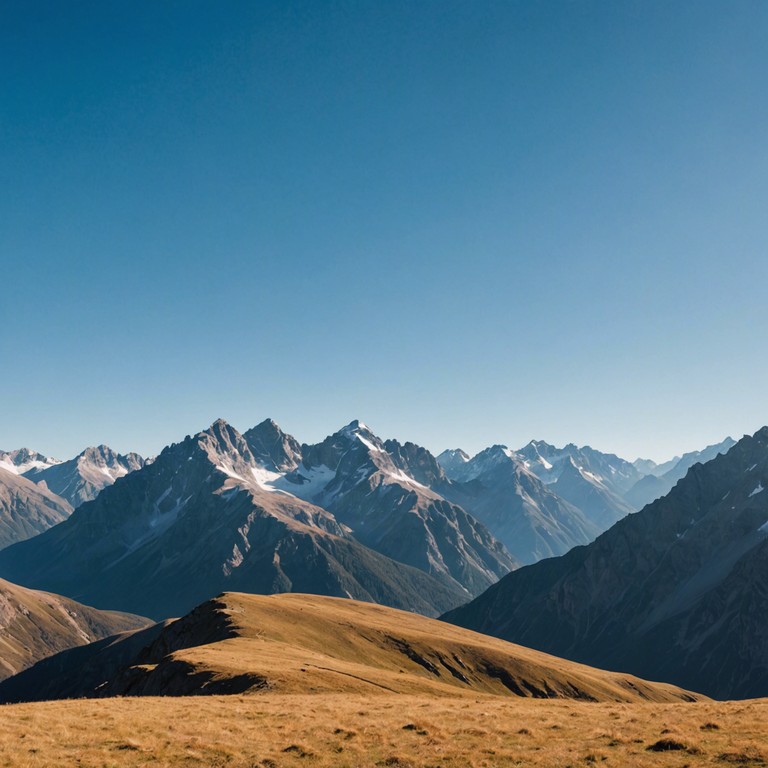 A vibrant cinematic orchestra piece that paints a vivid picture of majestic mountains under expansive, awe inspiring skies. The composition uses a lush string section to emulate the grandeur and scale of nature's beauty, gradually building to a crescolic climax that captures the exhilarating feeling of standing atop a high peak, overlooking the world