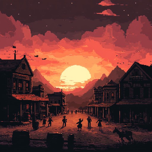 Picture a jubilant celebration in an old western town with townsfolk dancing and cheering, the sun setting behind rustic wooden buildings. The music captures the infectious energy of the moment, blending lively harmonica melodies with spirited acoustic guitar rhythms, evoking a sense of joy and unity among the townspeople.