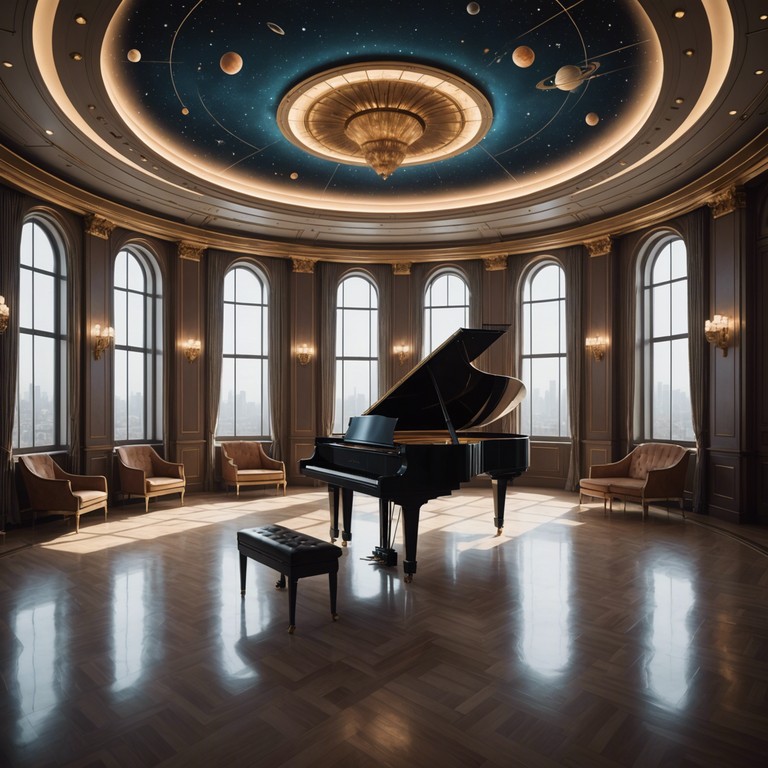 Imagine a grand piano echoing through a starlit cosmic ballroom, as dancers in vintage cabaret attire pair with svelte, silver clad astronauts, waltzing to uplifting tunes. The melody transcends earthly bounds, inviting pure jubilation and connectivity amongst the stars, fostered by expansive, riveting piano crescendos.