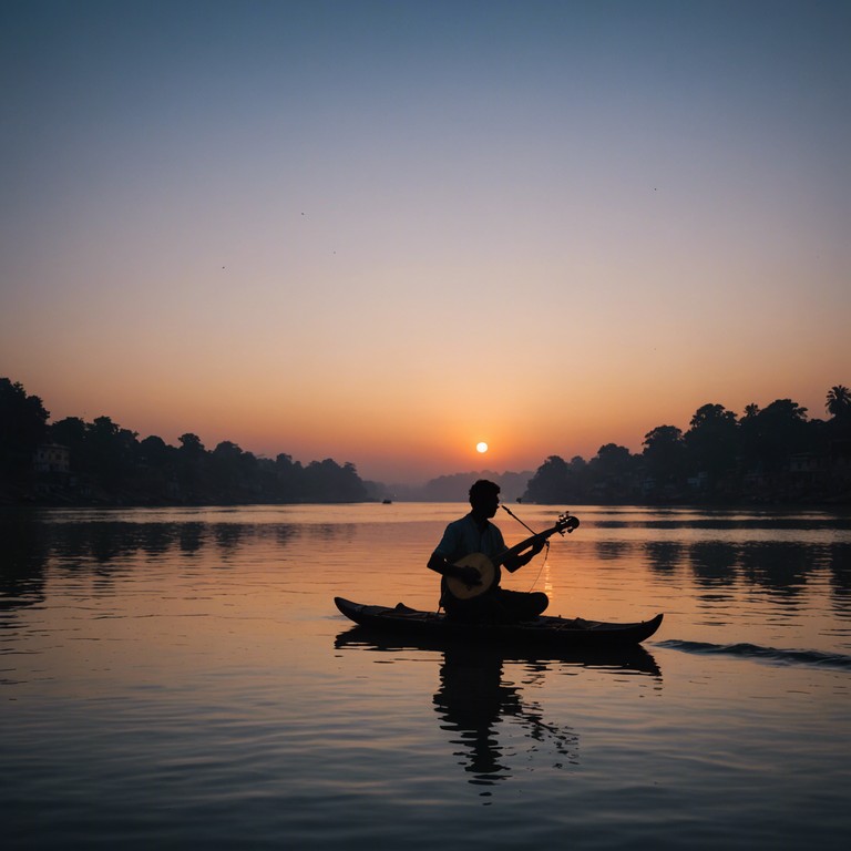 This piece leverages the intimate nuances of the sitar, expressing a deep, reflective journey down the tranquil flow of the ganges during a quiet night. The music is designed to immerse the listener in a peaceful contemplation of nature and spirituality, using subtle dynamics and intricate melodies.