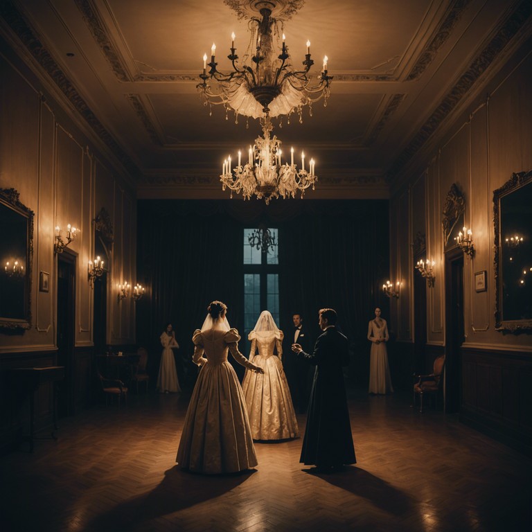 Imagine a ghostly masquerade ball where shadows twist and twirl to a sinister polka tune, all under a pale moonlight, creating an unsettling yet intriguing dance of specters.