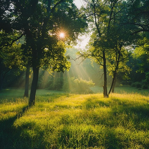 A calming instrumental track featuring gentle acoustic guitar and soft percussion, evoking the serene feeling of walking through a sunlit meadow, perfect background music for a peaceful afternoon