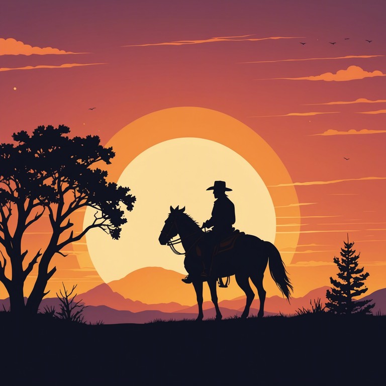 Amidst the sprawling landscapes of the old american west, a lonely figure emerges from the dusk, his silhouette set against the dying light. The music captures his solitary ride across the vast desert plains, each note echoing the whispers of the past and the secrets hidden beneath the sand. A haunting whistle carries the melody, underscored by the quiet strum of a weather beaten guitar, evoking feelings of nostalgia, vastness, and an inescapable sense of destiny.