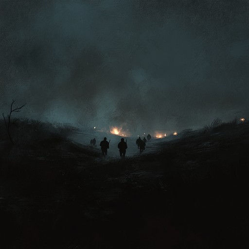 An intense, foreboding military march that combines deep, pulsating drums and eerie, haunting wind instruments. The rhythms evoke the approach of an unstoppable force, instilling a sense of dread and anticipation. The arrangement builds gradually, with layered percussions reminiscent of marching soldiers, giving way to mournful brass that echoes through a desolate, wartime landscape An intense, foreboding military march that combines deep, pulsating drums and eerie, haunting wind instruments. The rhythms evoke the approach of an unstoppable force, instilling a sense of dread and anticipation. The arrangement builds gradually, with layered percussions reminiscent of marching soldiers, giving way to mournful brass that echoes through a desolate, wartime landscape