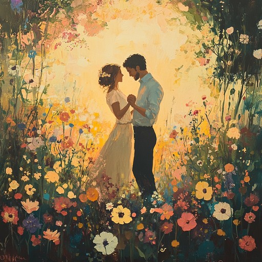 Imagine dancing with your love in a sunlit flower garden, as an elegant waltz plays in the background. The melody highlights the blissful and tender moments shared, with a hint of excitement and timeless beauty. It evokes an optimistic and romantic atmosphere, reminiscent of a perfect day spent together