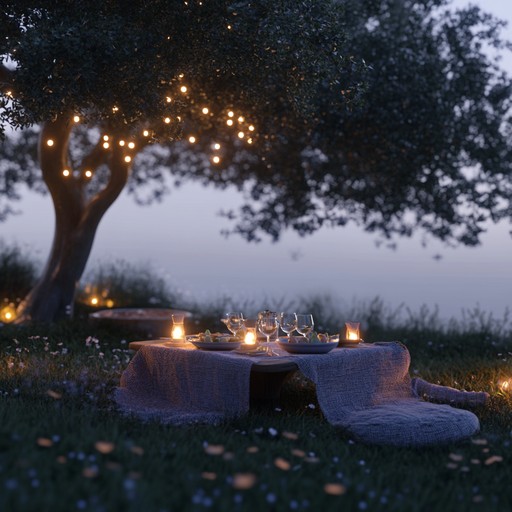 Designed to enhance the ambiance of a calm, picturesque outdoor supper, this composition features the harmonious plucking of an acoustic guitar, evoking the tranquility and beauty of the surrounding nature as the sky transitions from sunset to starlight.