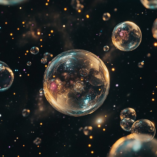 A whimsical instrumental piece combining airy tones and playful bubble sounds to evoke drifting through space inside cosmic bubbles surrounded by stars