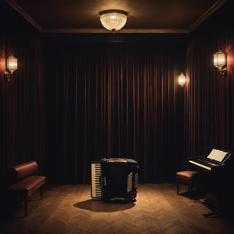 A hauntingly beautiful track that intertwines melancholy and theatrical flair, whispers in velvet curtains explores themes of lost love and eerie nostalgia through a deeply expressive accordion performance. The composition is set in a dimly lit, vintage cabaret environment, where the echoes of the past are as tangible as the heavy velvet curtains that sway silently in the somber air.