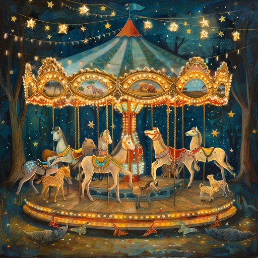 A lively track filled with playful melodies and charming harmonies, capturing the excitement of a magical carnival ride. Bright xylophones, cheerful ukuleles, and bubbly synths create an exhilarant soundscape perfect for children's entertainment.