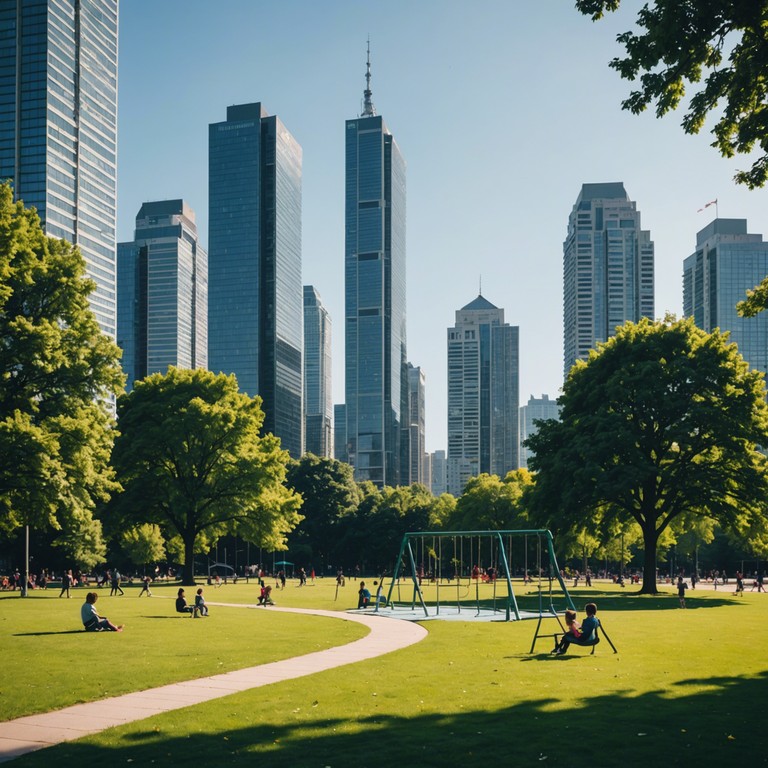 Imagine a lively city playground where the laughter of children blends with the urban soundscape, creating a rhythmic, bouncy hip hop beat. The music captures the innocence and energy of a sunny afternoon, with playful melodies woven through the dynamic rhythms of city life.