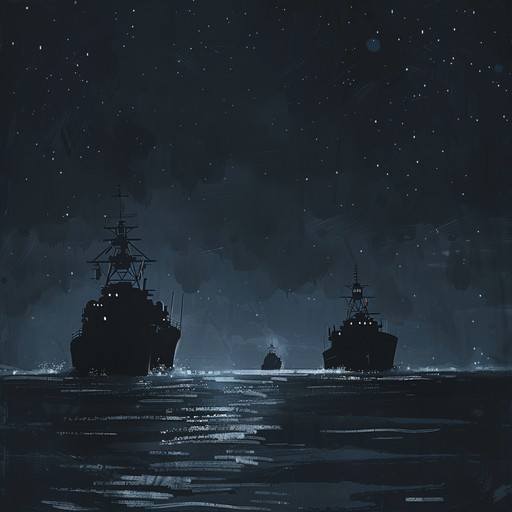 An eerie composition encapsulating the dark, chilling atmosphere of russia's naval history. Deep brass tones echo through the frozen sea, evoking the foreboding presence and resilience of the naval fleet navigating treacherous waters. The crescendos simulate the rising tension and the vast, lonely expanse of the icy ocean.