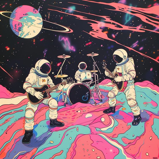 Wavy basslines, playful guitars, and colorful synths conjure a cosmic adventure of groovy rhythms and hypnotic melodies, ideal for a funky space expedition.