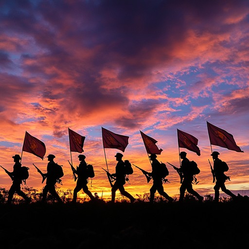 This powerful composition features stirring melodies and rhythmic percussions that inspire bravery and solidarity among warriors facing challenges. The song builds intensity with bold brass sections and dynamic drumlines, conveying the determination and unwavering spirit of soldiers marching toward victory.