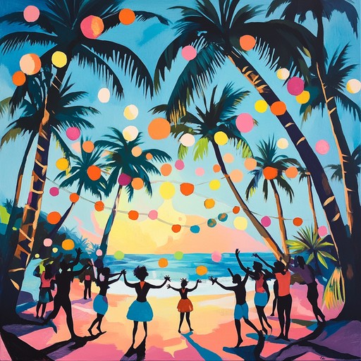 A vibrant mix featuring lively tropical instruments and rousing beats, capturing the essence of a summer dance party by the beach, radiating warmth and exuberance.