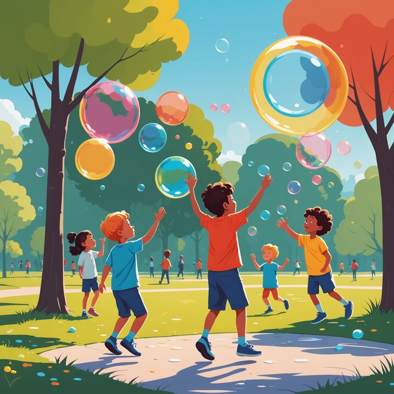 A vibrant track featuring playful melodies that mimic the jubilant popping of bubbles, designed specifically to captivate and engage young listeners, evoking a sense of joy and youthful energy.