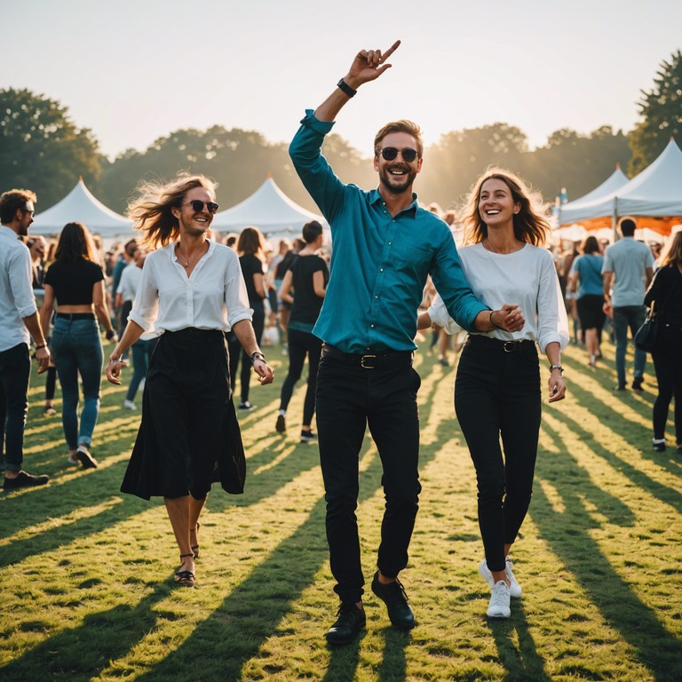 As dawn breaks, lively trumpets carry the joy and energy of a new day's festivity, where dance and music bring the community together in a spirited celebration.