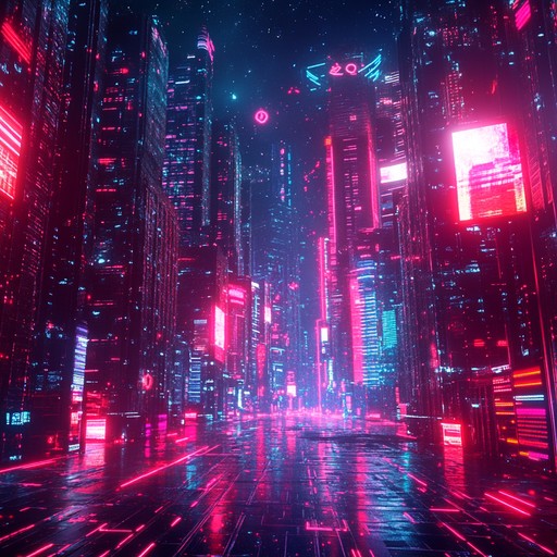 A journey through a neon lit cityscape with pulsating, groovy beats, capturing the essence of a cyberpunk metropolis. Encompassing the flow of bustling neon streets, this track blends cosmic disco elements with a futuristic soundscape, highlighted by rhythmic synthesizer grooves and infectious bass lines.