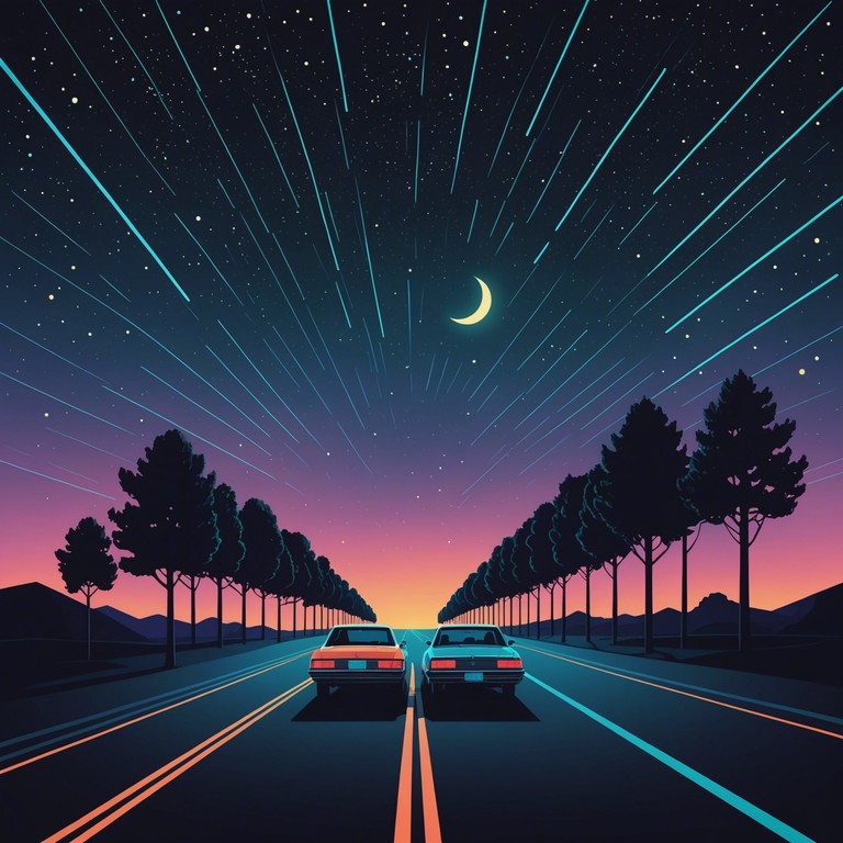 Imagine yourself driving through a neon lit avenue, with reflective melodies from a synthesizer that both soothes and invigorates, evoking a deep, soulful nostalgia yet with a hopeful gaze towards the future.