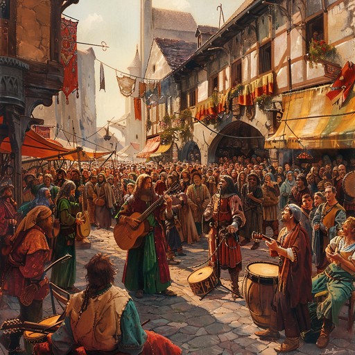 Experience an uplifting medieval journey with an energizing troubadour song. The tune is characterized by lively dance rhythms and melodic strums that captivate and invigorate listeners. Imagine the bustling excitement of medieval fairs brought to life through dynamic instrumentation, driving rhythms, and emotive storytelling.