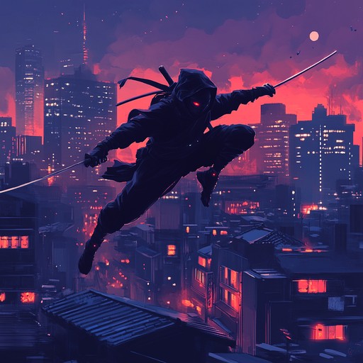 An exhilarating instrumental piece combining electric guitar riffs, pulsating synths, and energetic drums to create a thrilling atmosphere suitable for a climactic anime battle scene between cyber enhanced ninjas.