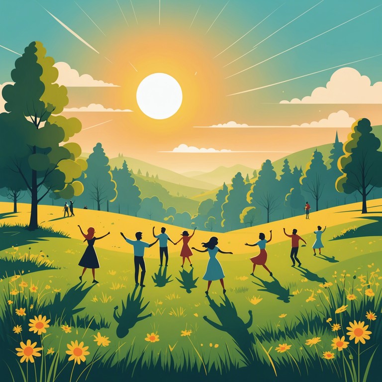 Imagine a vibrant, sunny meadow, where the uplifting strains of a solo banjo weave intricate melodies that embody the essence of a joyful summer day. The music captures the essence of sunlight dancing through trees, with a fast paced, toe tapping rhythm that evokes images of picnics, laughter, and carefree dances.