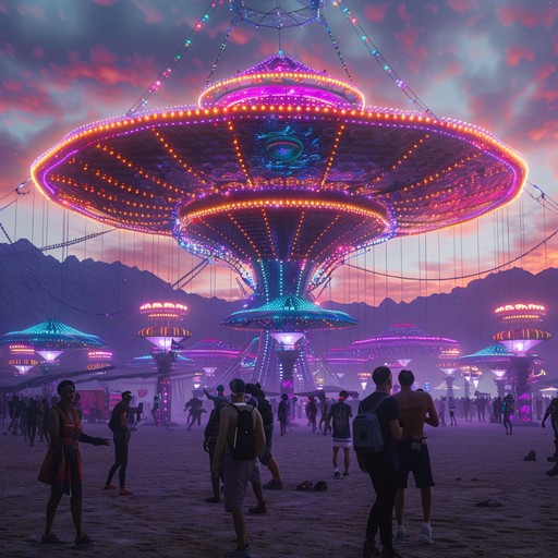 Imagine an alien rave with buoyant synth sounds and quirky rhythms, inviting listeners to a joyous dance in a cosmic carnival atmosphere. Outlandish beats and cheerful motifs make this an unforgettable auditory celebration.