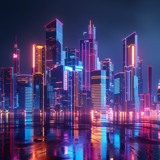 An energetic synthwave groove featuring a funky bassline and catchy melodies, evoking the neon lights and bustling vibes of a retro futuristic city nightscape.