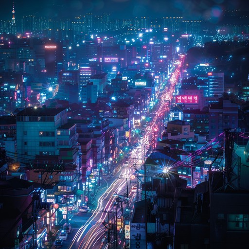 This track blends traditional korean instruments with modern electronic beats to capture the vibrant nightlife of seoul. The composition should start with a gentle traditional melody that gradually incorporates a catchy beat, leading to a dramatic, dance-heavy climax.