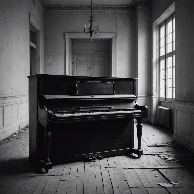 A deep, resonating composition that explores the vastness and silence of an abandoned space, using minimal instrumentation to create an eerie and haunting atmosphere. The music slowly unfolds with the single, ethereal sounds of a piano that echoes like whispers from the void, reflecting solitude and the enigma of emptiness.