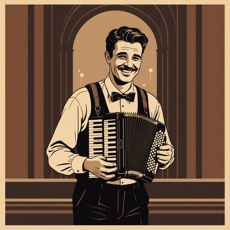 Step into a lively cabaret club where the spotlight shines on a lone accordion player, whose fingers deftly coax a joyful tune from the bellows. Amid laughter and the clinking of glasses, an audience of shadowy figures revels in the music's playful cadence, creating a timeless evening of entertainment.