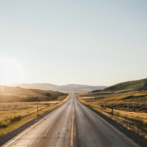 Imagery of endless highways, majestic mountains, and golden plains as the sun sets, evoking a classic american road trip adventure