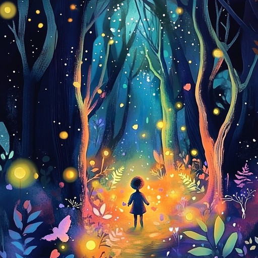 An instrumental piece featuring playful flute and gentle harp, evoking the magic and wonder of an enchanted forest filled with friendly creatures and sparkling lights. The melody shifts dynamically to reflect the joy, curiosity, and excitement of exploring a magical place.