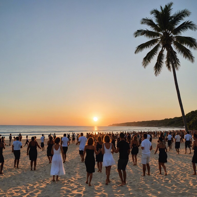 Imagine a setting where the sun dips below the horizon, casting a golden glow that sets the perfect ambiance for a mambo dance party. The music is a catalyst, bringing people together in a celebration of rhythm and movement