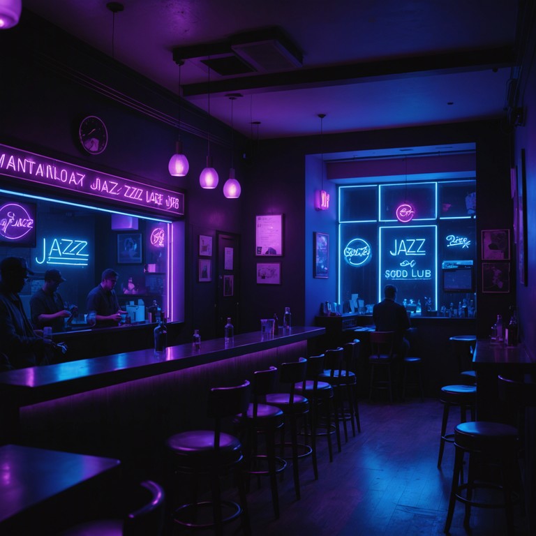 Embrace the essence of an electronic jazz club where the neon lights dance to the saxophone’s swing rhythms beneath the starless sky