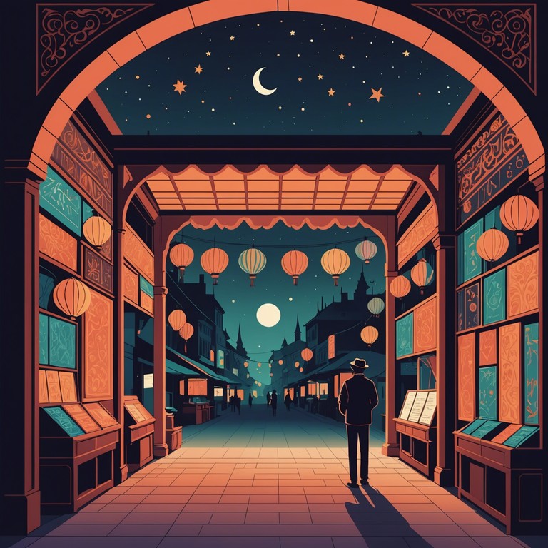 Imagine a magical journey through a whimsical middle eastern soundscape, serene under the galaxy studded sky. Delicate plucking of an oud evokes images of vast deserts and silent, moonlit nights. The music flows like gentle winds shifting the sands, carrying tales of mystique and age old wisdom whispered through every note