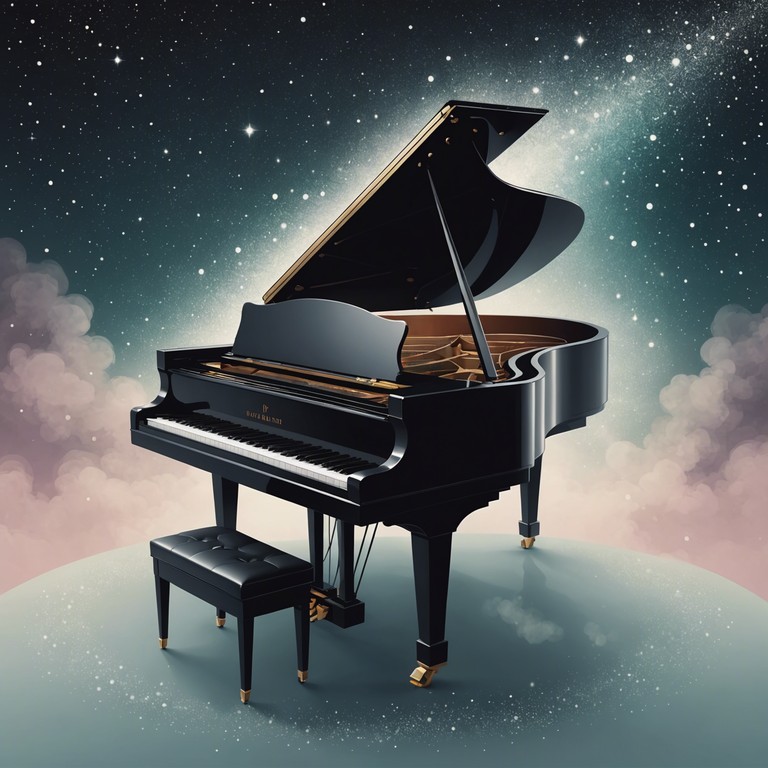 Expanding on the theme of celestial quietude, this alternative description emphasizes the delicate piano melodies that echo through an infinitely expansive and dusky universe, creating a soundscape that's both isolating and meditative.