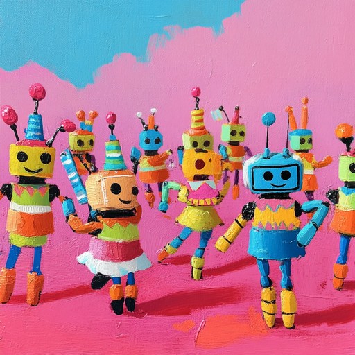 Experience a lively festival where miniature robots march and dance to the beat of cheerful electronic tunes and playful toy melodies