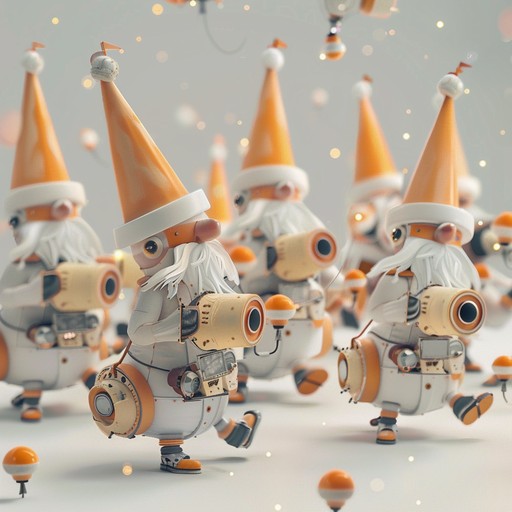 Picture a whimsical digital realm where playful mechanical gnomes engage in amusing dances. The music encapsulates their quirky movements using xylophones, synthetic sounds, and inventive percussion, creating an auditory depiction of a charming and imaginative world.