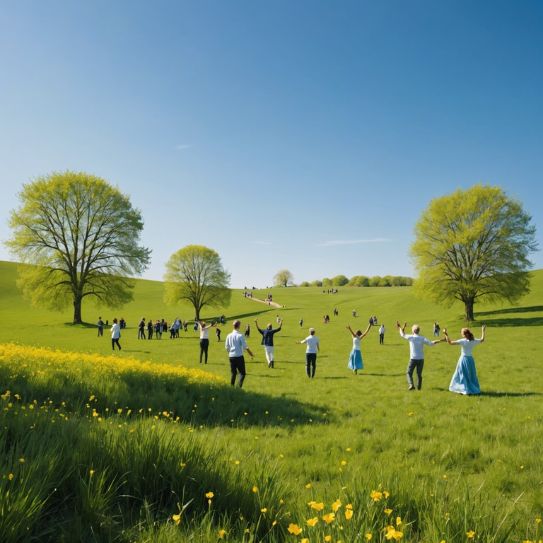 Imagine a scene where the whole village gathers under blossoming trees, everyone dressed in colorful attire, celebrating the warmth and beauty of spring with dance and laughter, accompanied by the vibrant tones of a solo violin.