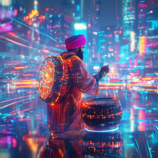 This track is an electrifying merger of futuristic synths and traditional bhangra, creating a vibrant and high energy dance celebration under the glow of neon lights