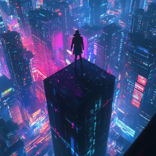 An inspiring instrumental featuring uplifting synth melodies and pulsing beats that evoke a sense of hope and transcendence within a futuristic neon drenched metropolis.